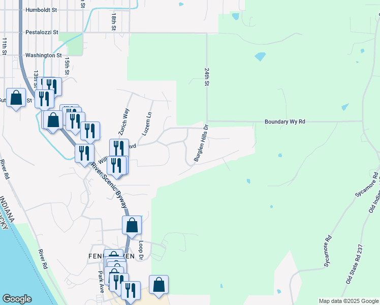 map of restaurants, bars, coffee shops, grocery stores, and more near 105 Geneva Drive in Tell City
