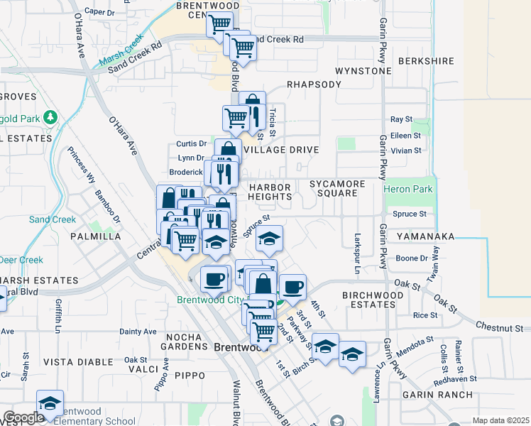 map of restaurants, bars, coffee shops, grocery stores, and more near 105 Spruce Street in Brentwood