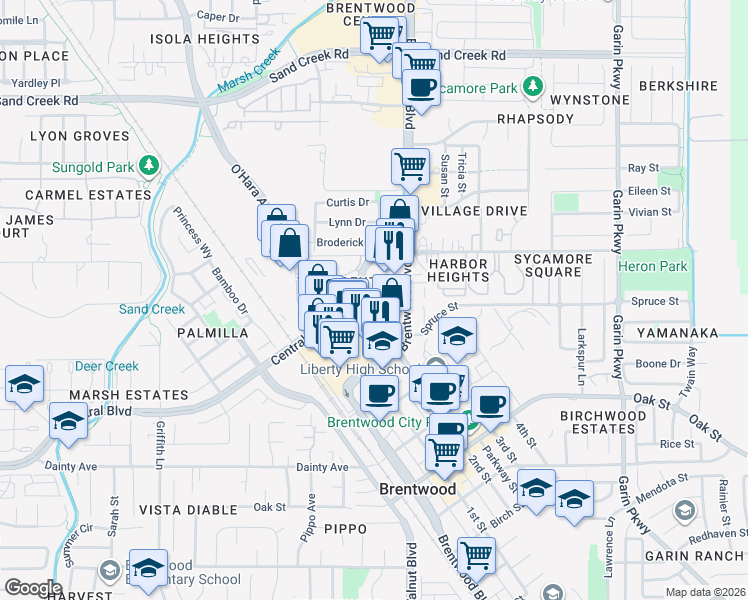 map of restaurants, bars, coffee shops, grocery stores, and more near 1200 Central Boulevard in Brentwood