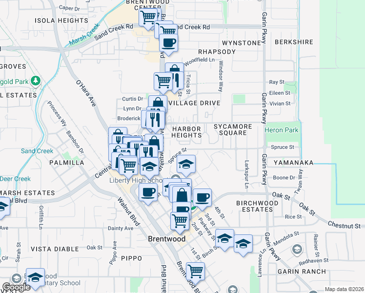 map of restaurants, bars, coffee shops, grocery stores, and more near 103 Spruce Street in Brentwood