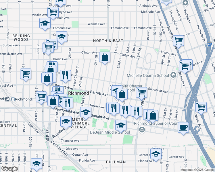 map of restaurants, bars, coffee shops, grocery stores, and more near 551 31st Street in Richmond