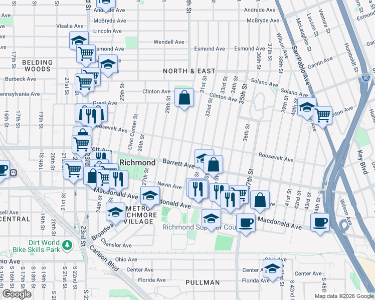 map of restaurants, bars, coffee shops, grocery stores, and more near 551 31st Street in Richmond
