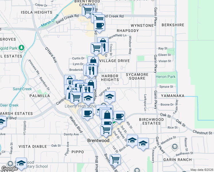 map of restaurants, bars, coffee shops, grocery stores, and more near 101 Spruce Street in Brentwood