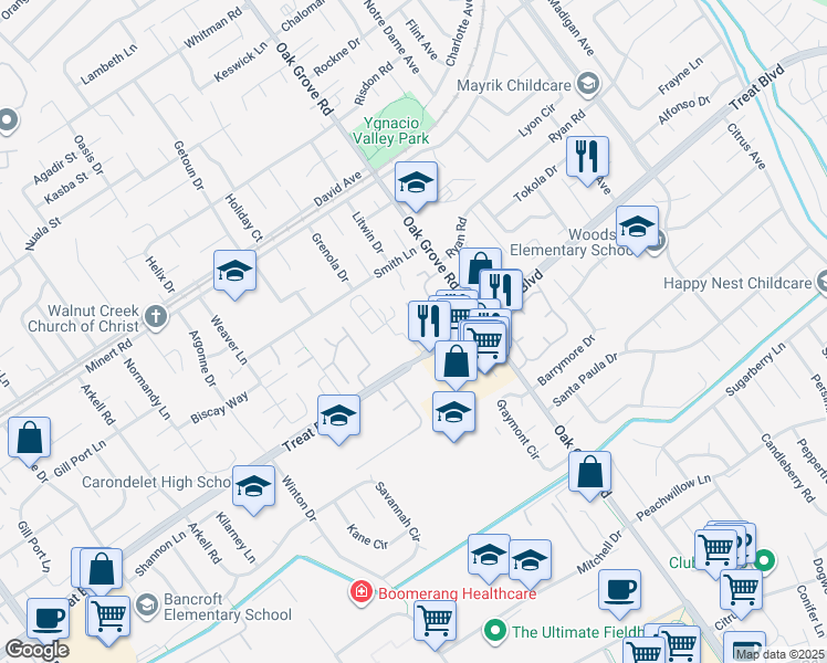 map of restaurants, bars, coffee shops, grocery stores, and more near 2945 Treat Boulevard in Concord