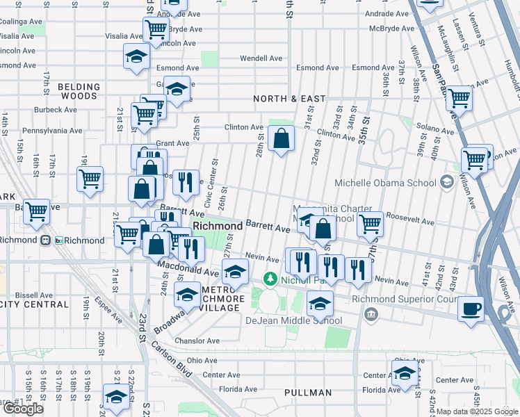 map of restaurants, bars, coffee shops, grocery stores, and more near 541 29th Street in Richmond