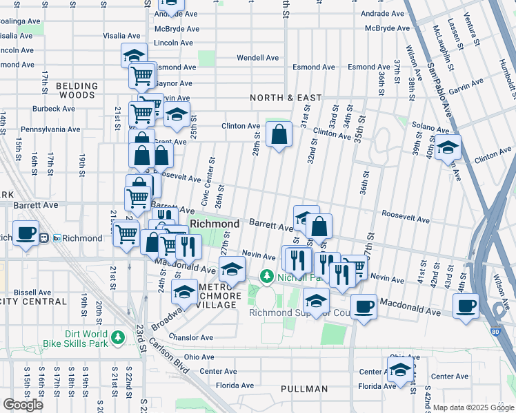 map of restaurants, bars, coffee shops, grocery stores, and more near 541 29th Street in Richmond
