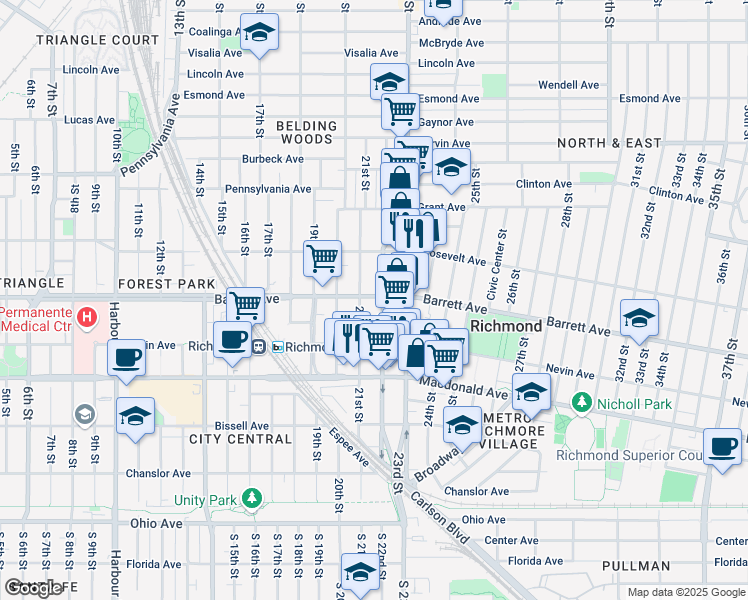 map of restaurants, bars, coffee shops, grocery stores, and more near 2122 Barrett Avenue in Richmond