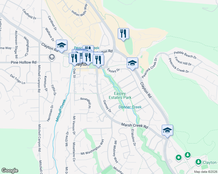 map of restaurants, bars, coffee shops, grocery stores, and more near 314 Semillon Circle in Clayton