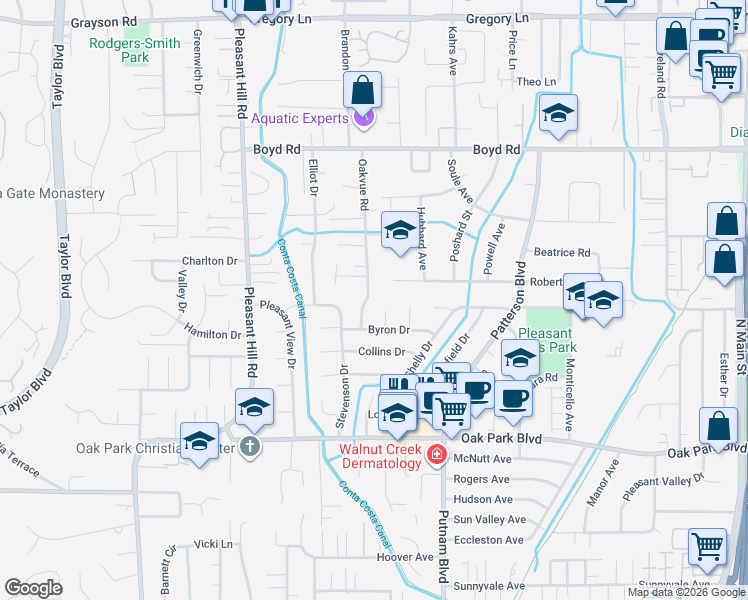 map of restaurants, bars, coffee shops, grocery stores, and more near 104 Burns Court in Pleasant Hill