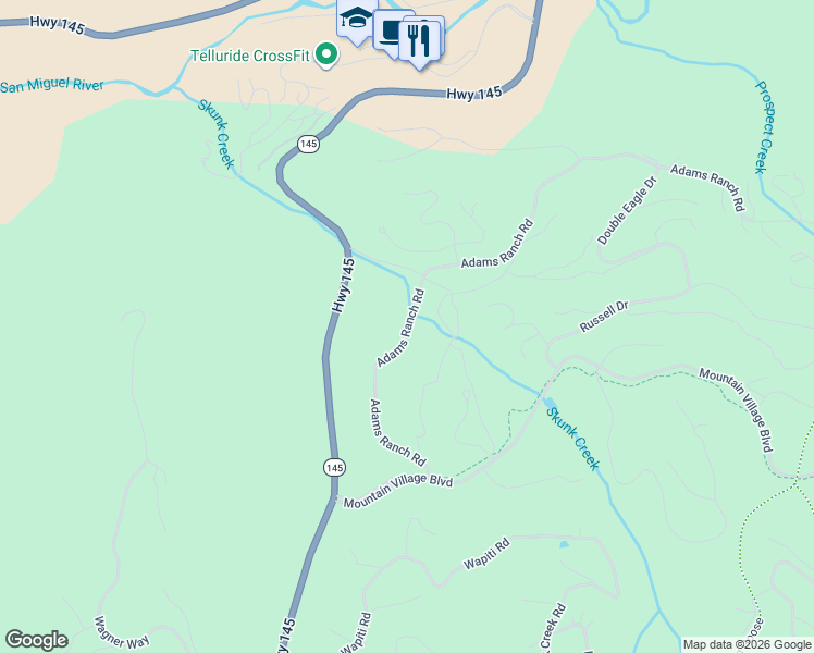 map of restaurants, bars, coffee shops, grocery stores, and more near 100-178 Adams Ranch Rd in Mountain Village