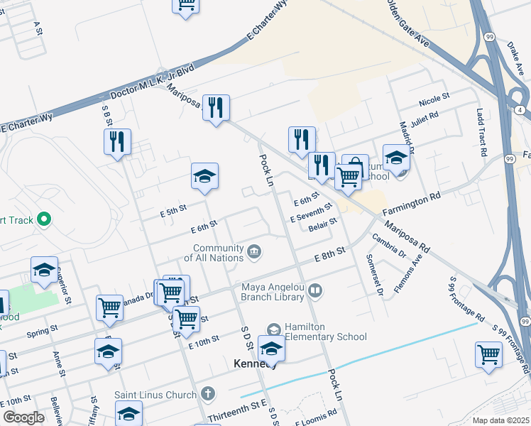 map of restaurants, bars, coffee shops, grocery stores, and more near 2112 Skyline Drive in Stockton