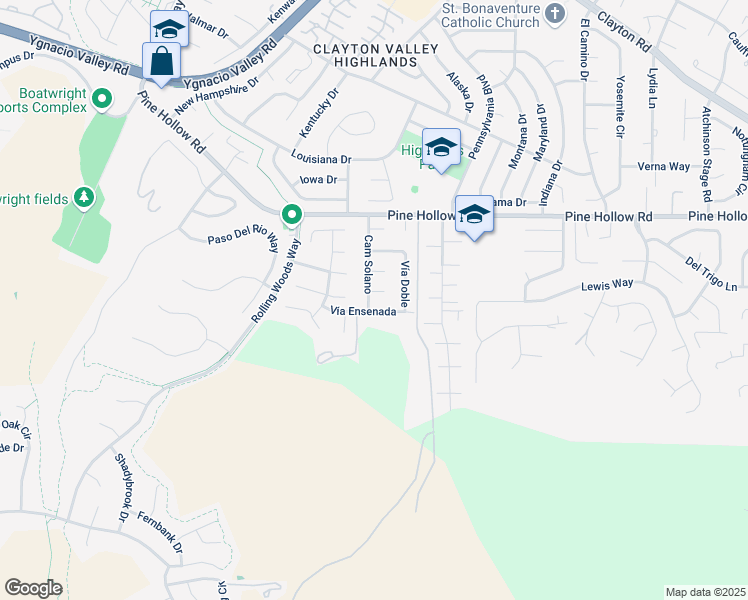 map of restaurants, bars, coffee shops, grocery stores, and more near 5566 Vía Ensenada in Concord
