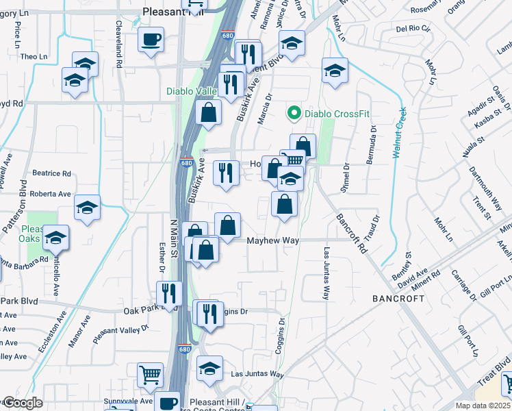 map of restaurants, bars, coffee shops, grocery stores, and more near 3339 Vincent Road in Pleasant Hill