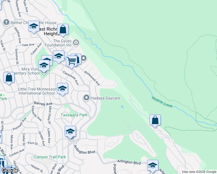 map of restaurants, bars, coffee shops, grocery stores, and more near 6824 Del Monte Avenue in Richmond