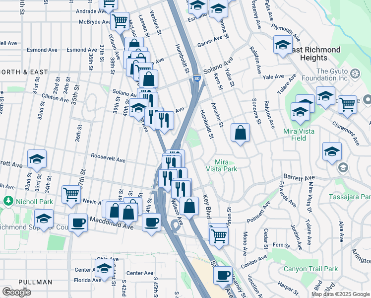 map of restaurants, bars, coffee shops, grocery stores, and more near 616 McLaughlin Street in Richmond