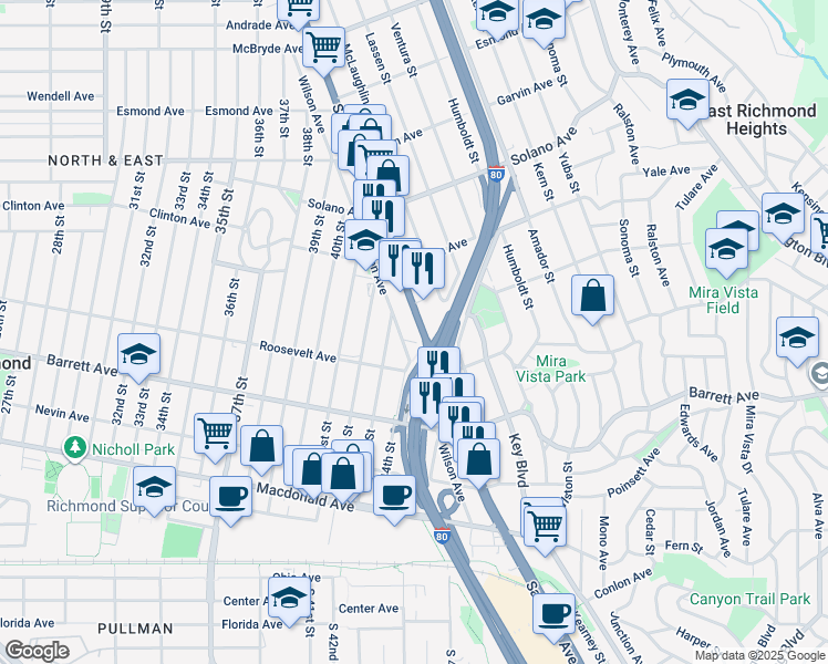 map of restaurants, bars, coffee shops, grocery stores, and more near 12411 San Pablo Avenue in Richmond