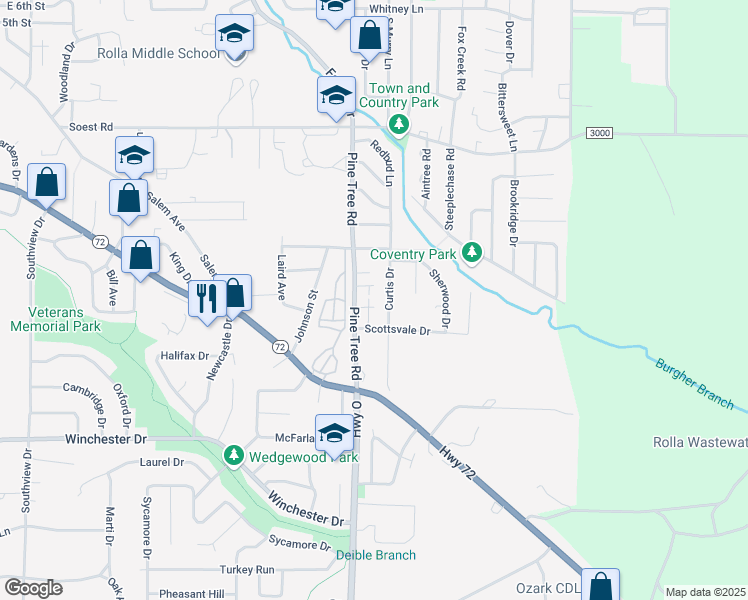 map of restaurants, bars, coffee shops, grocery stores, and more near 605 Waterford Court in Rolla