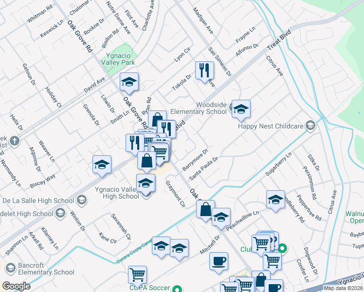 map of restaurants, bars, coffee shops, grocery stores, and more near 780 Oak Grove Road in Concord