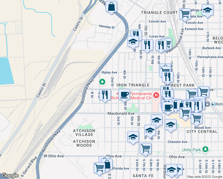 map of restaurants, bars, coffee shops, grocery stores, and more near Barrett Avenue & 2nd Street in Richmond