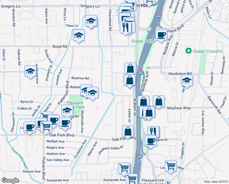 map of restaurants, bars, coffee shops, grocery stores, and more near 16 Warhol Way in Pleasant Hill