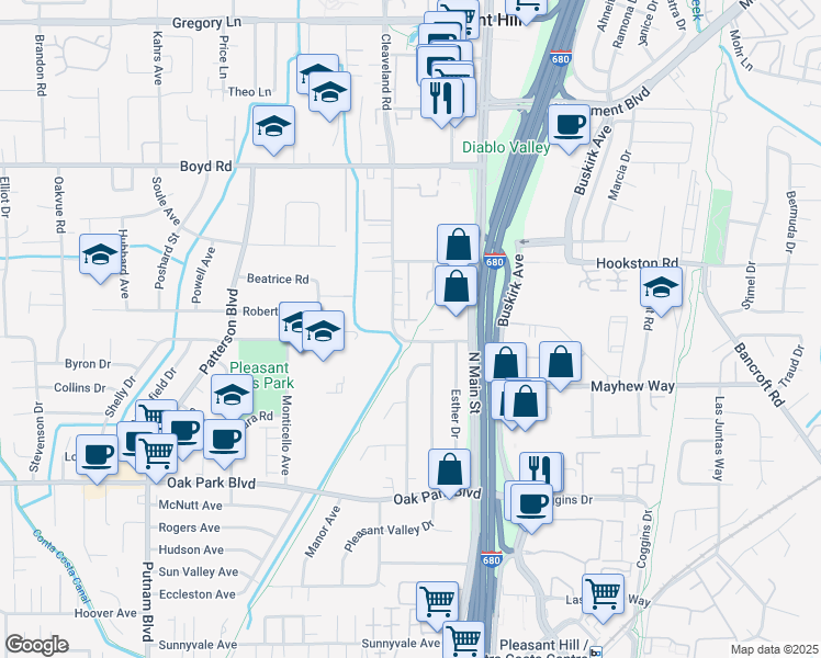 map of restaurants, bars, coffee shops, grocery stores, and more near 26 Warhol Way in Pleasant Hill