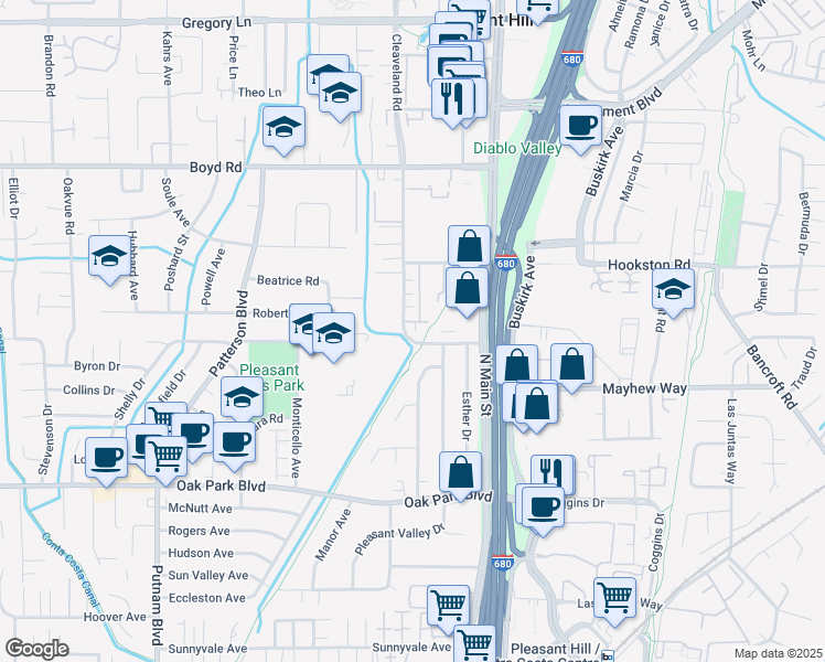 map of restaurants, bars, coffee shops, grocery stores, and more near 16 Warhol Way in Pleasant Hill