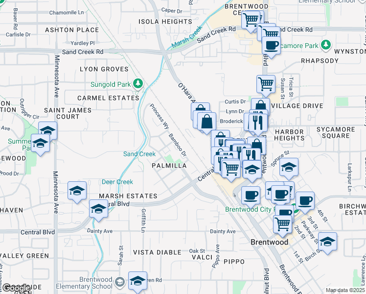 map of restaurants, bars, coffee shops, grocery stores, and more near in Brentwood