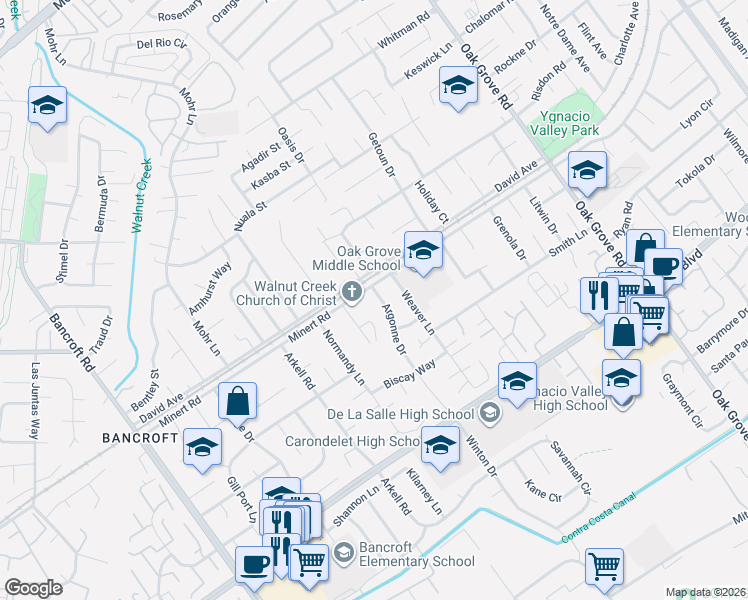 map of restaurants, bars, coffee shops, grocery stores, and more near 500 Minert Road in Walnut Creek