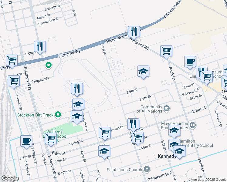 map of restaurants, bars, coffee shops, grocery stores, and more near 1825 South B Street in Stockton
