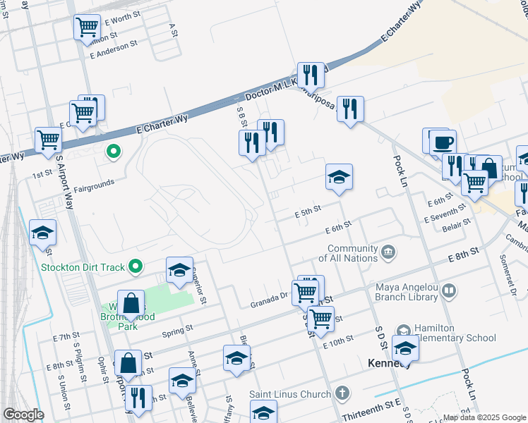 map of restaurants, bars, coffee shops, grocery stores, and more near 1825 South B Street in Stockton