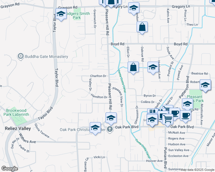 map of restaurants, bars, coffee shops, grocery stores, and more near 2063 Pleasant Hill Road in Pleasant Hill