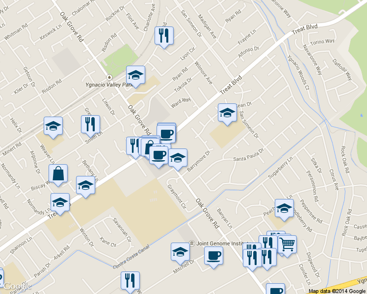 map of restaurants, bars, coffee shops, grocery stores, and more near 780 Oak Grove Road in Concord
