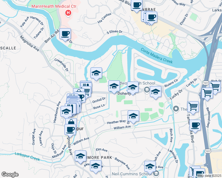 map of restaurants, bars, coffee shops, grocery stores, and more near 250 Doherty Drive in Larkspur