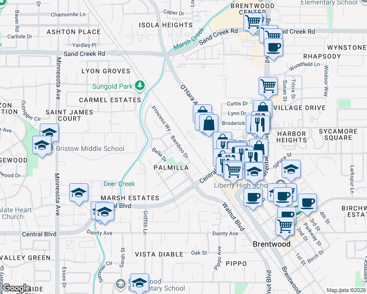 map of restaurants, bars, coffee shops, grocery stores, and more near 831 Bamboo Drive in Brentwood