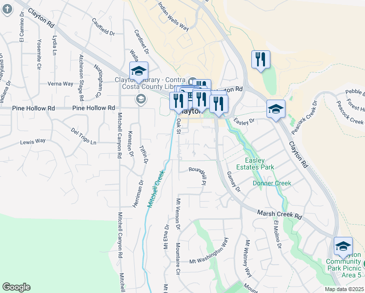 map of restaurants, bars, coffee shops, grocery stores, and more near 980 Oak Street in Clayton