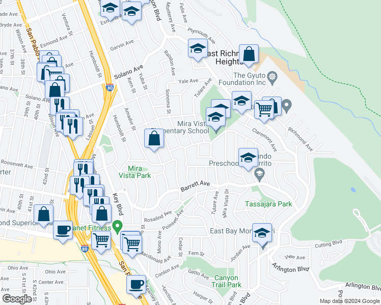 map of restaurants, bars, coffee shops, grocery stores, and more near 604 Sonoma Street in Richmond
