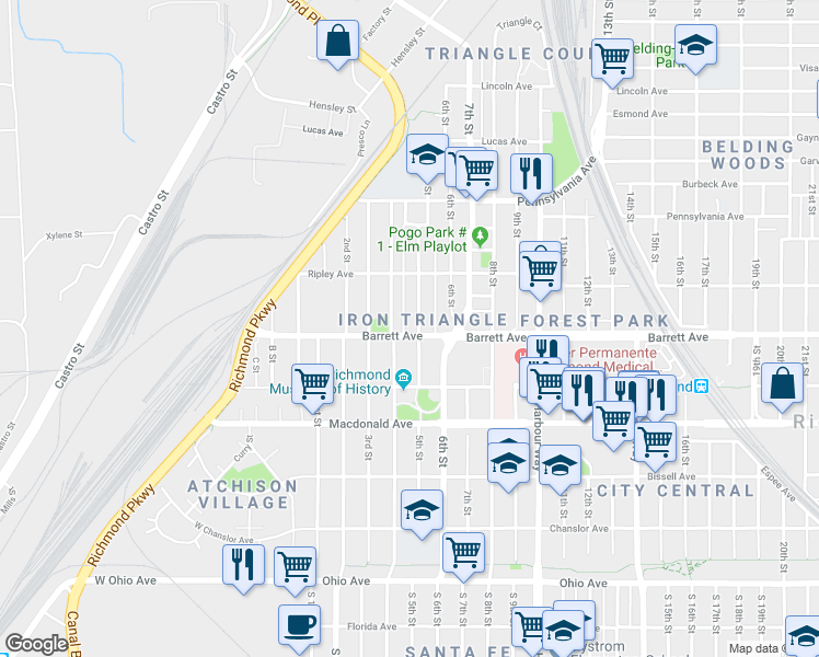 map of restaurants, bars, coffee shops, grocery stores, and more near 429 Barrett Avenue in Richmond