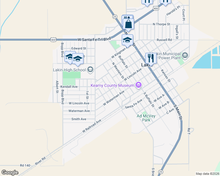 map of restaurants, bars, coffee shops, grocery stores, and more near 510 West Lincoln Avenue in Lakin