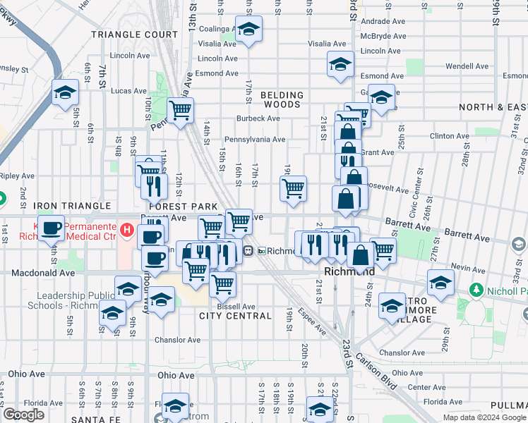 map of restaurants, bars, coffee shops, grocery stores, and more near in North Richmond