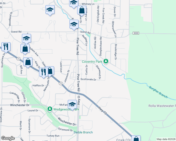 map of restaurants, bars, coffee shops, grocery stores, and more near 506 Curtis Drive in Rolla