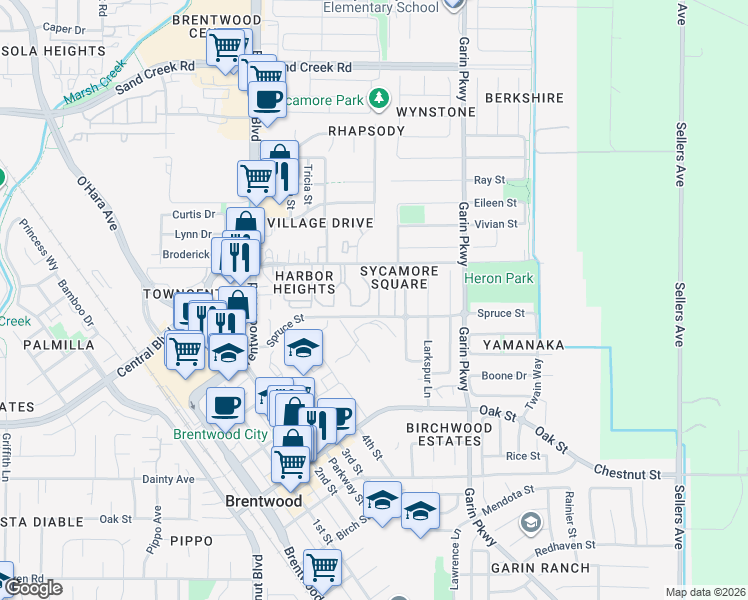 map of restaurants, bars, coffee shops, grocery stores, and more near 959 Whitehall Lane in Brentwood