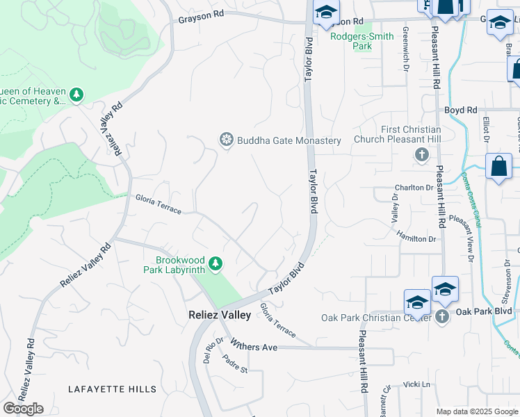 map of restaurants, bars, coffee shops, grocery stores, and more near 2 Lafayette Circle in Lafayette