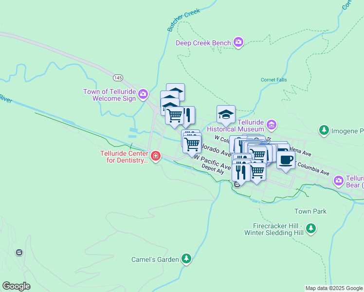 map of restaurants, bars, coffee shops, grocery stores, and more near 663 West Pacific Avenue in Telluride