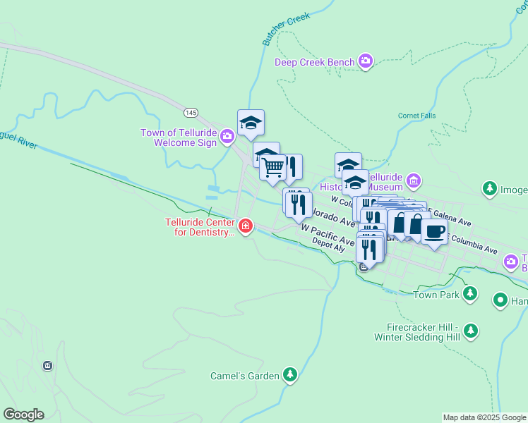 map of restaurants, bars, coffee shops, grocery stores, and more near 747 West Pacific Avenue in Telluride