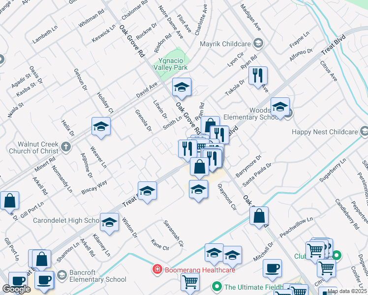 map of restaurants, bars, coffee shops, grocery stores, and more near 2945 Treat Boulevard in Concord