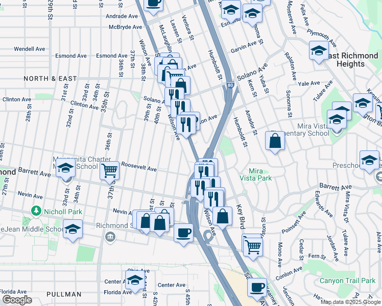 map of restaurants, bars, coffee shops, grocery stores, and more near 12411 San Pablo Avenue in Richmond