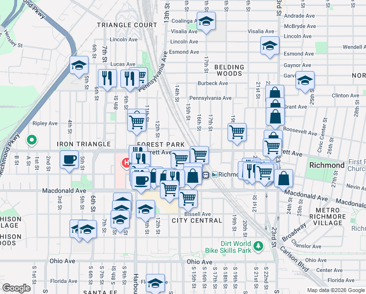 map of restaurants, bars, coffee shops, grocery stores, and more near in Richmond