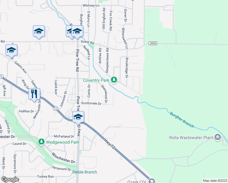 map of restaurants, bars, coffee shops, grocery stores, and more near 513 Ashley Drive in Rolla