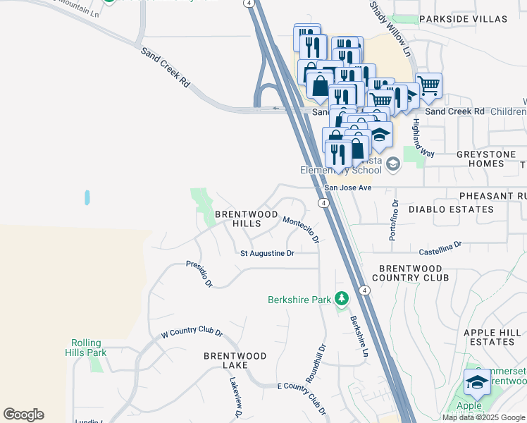 map of restaurants, bars, coffee shops, grocery stores, and more near 2459 Marshall Drive in Brentwood