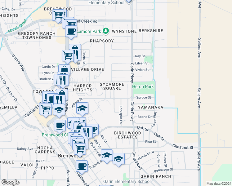 map of restaurants, bars, coffee shops, grocery stores, and more near 836 Shasta Daisy Drive in Brentwood